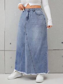 SHEIN EZwear Plus Jupe En Jean Taille Haute Ourlet Effiloché - Bleu azur - Voir 5