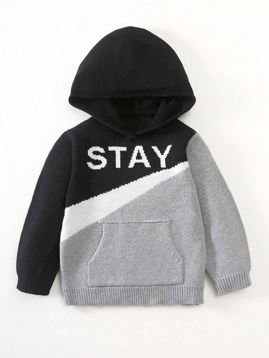SHEIN garoto jovem Gráfica Letra Bloco De Cores Bolso Canguru Cncapuzado Suéter - Cinza - Ver 1