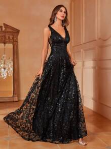 Elisanya Elegant V-Neck Sleeveless A-Line Sequin-Decor Dress – Lightweight Flowy Formal Gown For Spring-Summer – - Black - View 2