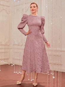 Modelyn Gigot Sleeve Jacquard Floral Pattern Lace Dress - Dusty Pink - View 1