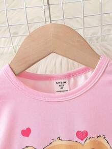 Young Girl Bear Print Tee & Plaid Pants Snug Fit PJ Set - Pink - View 5