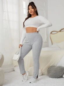 SHEIN EZwear Plus Solid Split Hem Thermal Lined Pants - Light Grey - View 3