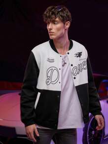 ROMWE MEN Street Life Các bạn Đồ họa Chữ cái Hai âm Áo khoác bomber - Đen và trắng - Xem 3