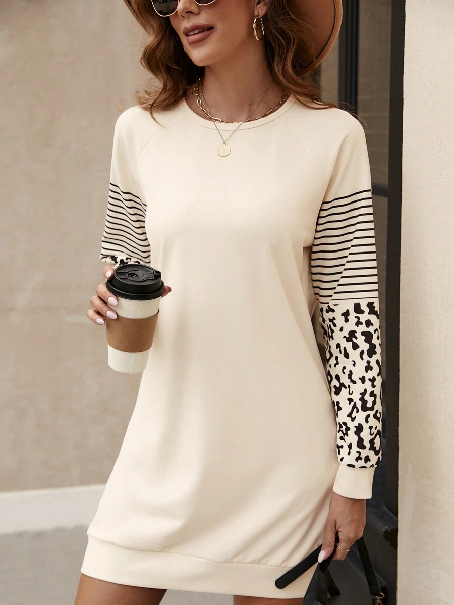 SHEIN LUNE Striped & Leopard Print Drop Shoulder Sweatshirt Dress - Apricot - View 1