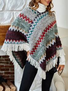 SHEIN LUNE 1 Miếng Mô hình Chevron Viền rìa Áo len Poncho - Màu tím - Xem 3