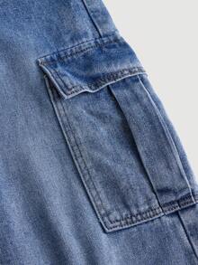 SHEIN 青少年女孩側翻蓋口袋工裝牛仔褲 - 中等水洗藍 - 查看 3