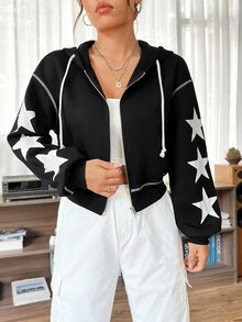 SHEIN EZwear Star Print Drop Shoulder Drawstring Zip Up Hoodie - Black - View 4