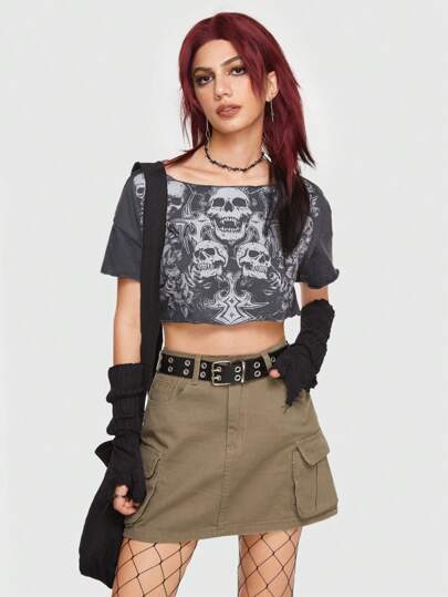 ROMWE Grunge Punk スカルプリント クロップシャツ | SHEIN JAPAN