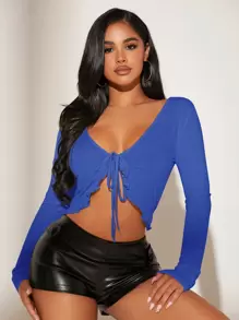 SHEIN SXY 木耳邊前繫帶短款上衣 - 寶藍色 - 查看 1