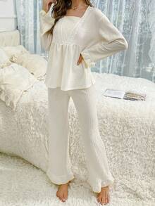 Contrast Lace Square Neck Flounce Sleeve Peplum Top & Pants PJ Set - Apricot - View 6
