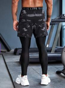 SHEIN Fitness Men Slogan Graphic 2 In 1 Sports Trousers With Phone Pocket - Black - View 2