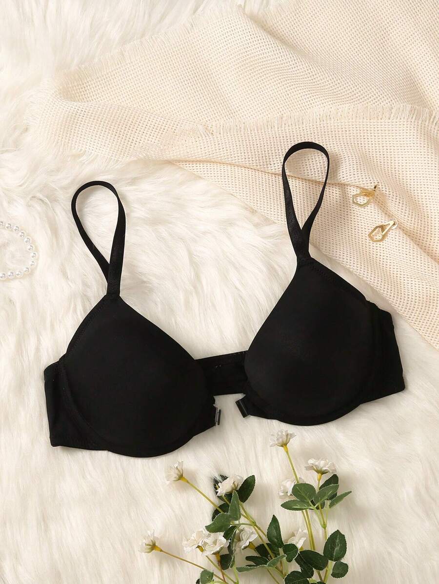 女士简约纯色无钢圈文胸 - 黑色 - 查看 1