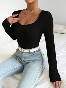 SHEIN Unity 雞心領口條紋針織連身背心 - 黑色 - 查看 5