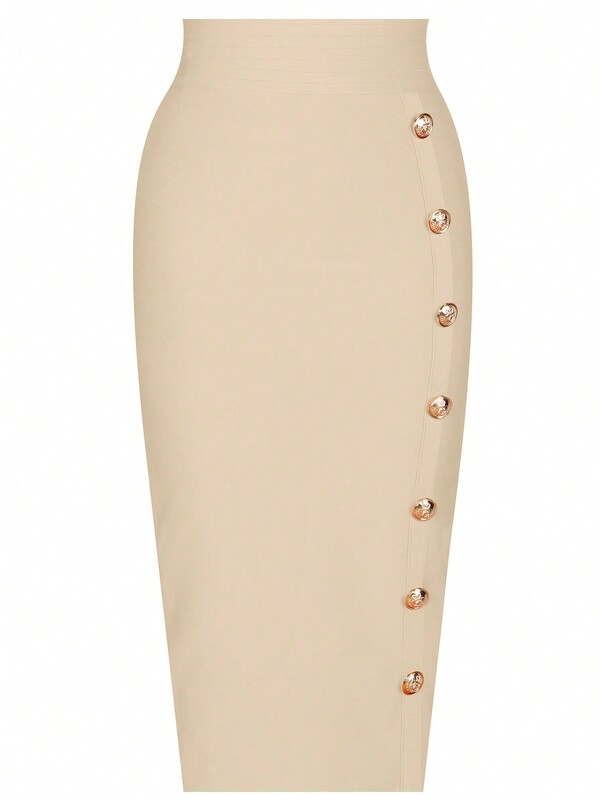  Girsdy Apricot Elegant Business Casual Women's Single-Breasted Design Solid Color Button Decor Slim High Waist Elastic Bodycon Pencil Skirt, Commute & Everyday Wear, Mid-Length Spring