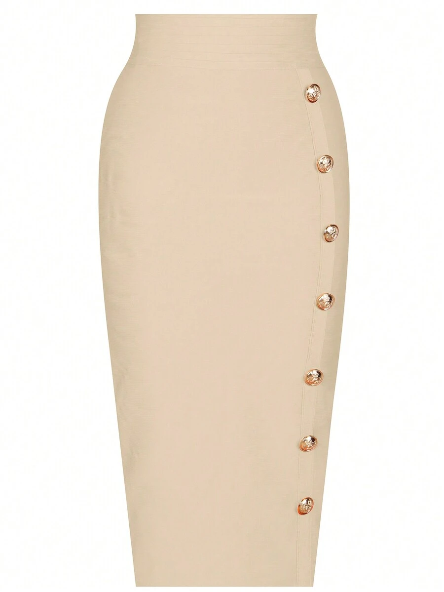 Girsdy Apricot Elegant Business Casual Women's Single-Breasted Design Solid Color Button Decor Slim High Waist Elastic Bodycon Pencil Skirt, Commute & Everyday Wear, Mid-Length Spring - Apricot - View 1