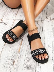 Ladies' Elastic Band Fashion Vacation Beach Sandals For Going Out - Black and White - View 5