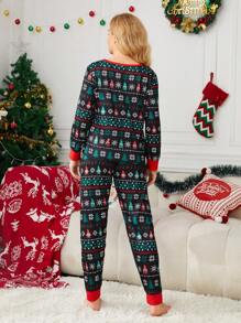 Conjunto de pijama familia acompañado con estampado de Navidad ribete en contraste para Navidad - Negro - Ver 3