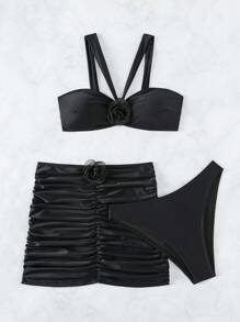 SHEIN Swim Appliques Ruched Bikini Set With Beach Skirt - Black - View 5