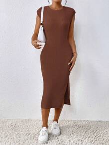 SHEIN Frenchy Vestido de mujer con textura y raja frontal - Café integral - Ver 6