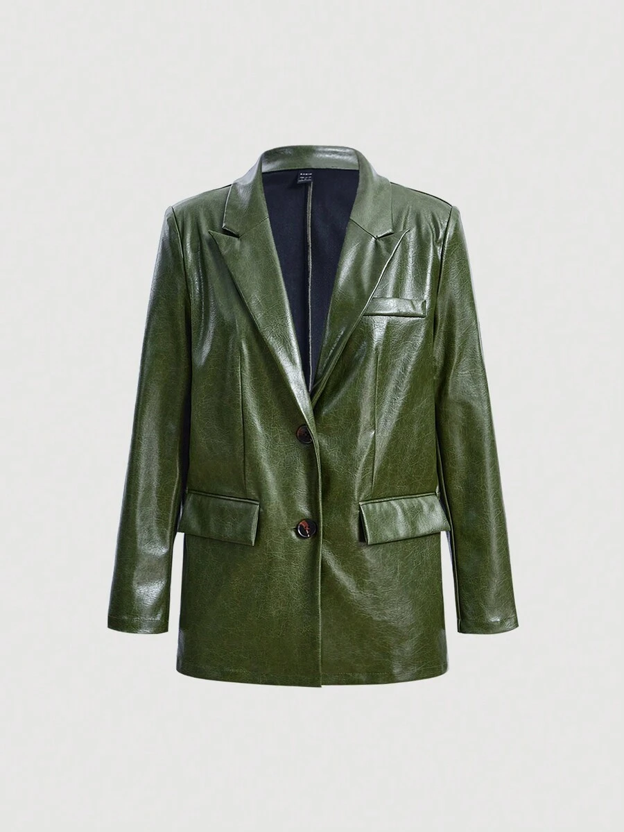 SHEIN MOD Crocodile Embossed Flap Detail PU Leather Blazer - Army Green - View 1