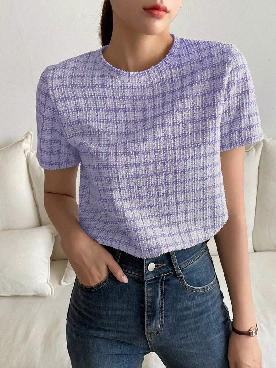 DAZY 格紋印花圓領t恤 - 紫色 - 查看 1
