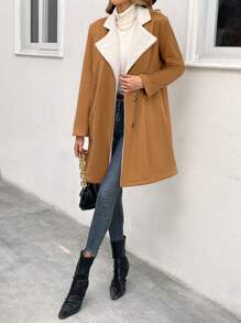 Chiquease Lapel Neck Teddy Lined Single Breasted Coat - Apricot - View 4