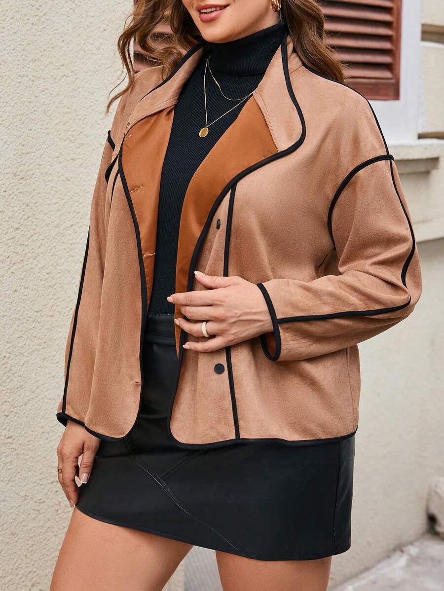 SHEIN Essnce Plus Contrast Binding Drop Shoulder Suedette Jacket - Black and White - View 1