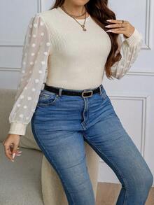 Calvaya Plus Swiss Dot Lantern Sleeve Top - Apricot - View 5