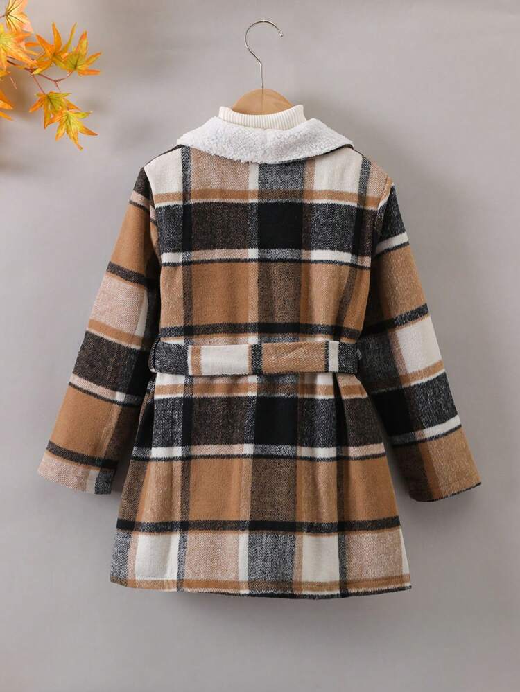 Young Boy 1pc Plaid Print Teddy Lined Belted Coat