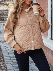 SHEIN LUNE Thả vai Cúc bấm Áo khoác Quilted - Màu be - Xem 5
