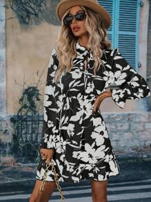 SHEIN Clasi 波西米亞揉皺 荷葉邊 前綁帶蝴蝶結花卉印花 全身印花女士連衣裙 - 黑色 - 查看 3