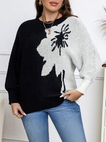 SHEIN Unity 加大码双色蝙蝠袖针织套头衫秋冬毛衣 - 彩色 - 查看 3