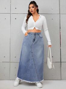 SHEIN EZwear Plus Jupe En Jean Taille Haute Ourlet Effiloché - Bleu azur - Voir 4