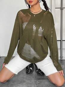 SHEIN EZwear Solid Drop Shoulder Ripped Sweater - Army Green - View 1