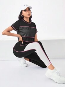 Gameset SHEIN Sport Colorblock Sports Tee & Phone Pocket Side Leggings Workout Women Set Women Leggings Set