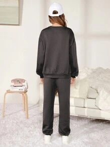 SHEIN Teen Girl Figure Graphic Drop Shoulder Pullover & Sweatpants - Grey - View 2