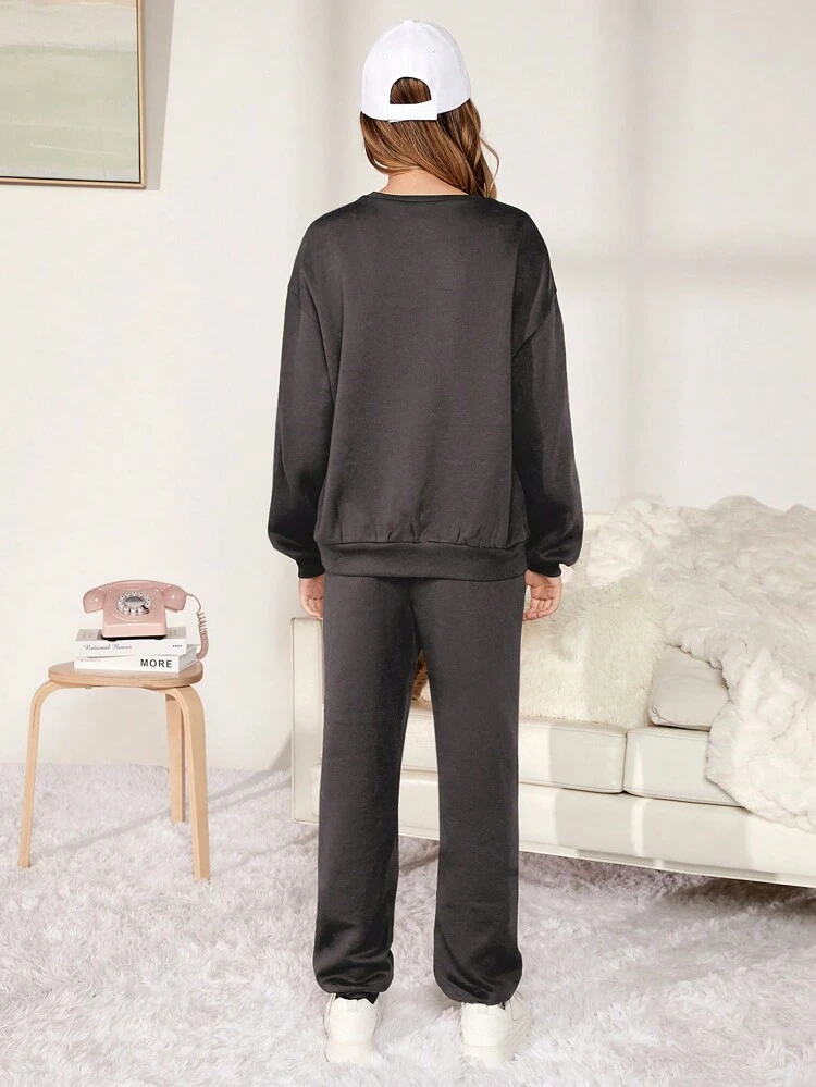 Teen Girl Figure Graphic Drop Shoulder Pullover & Sweatpants