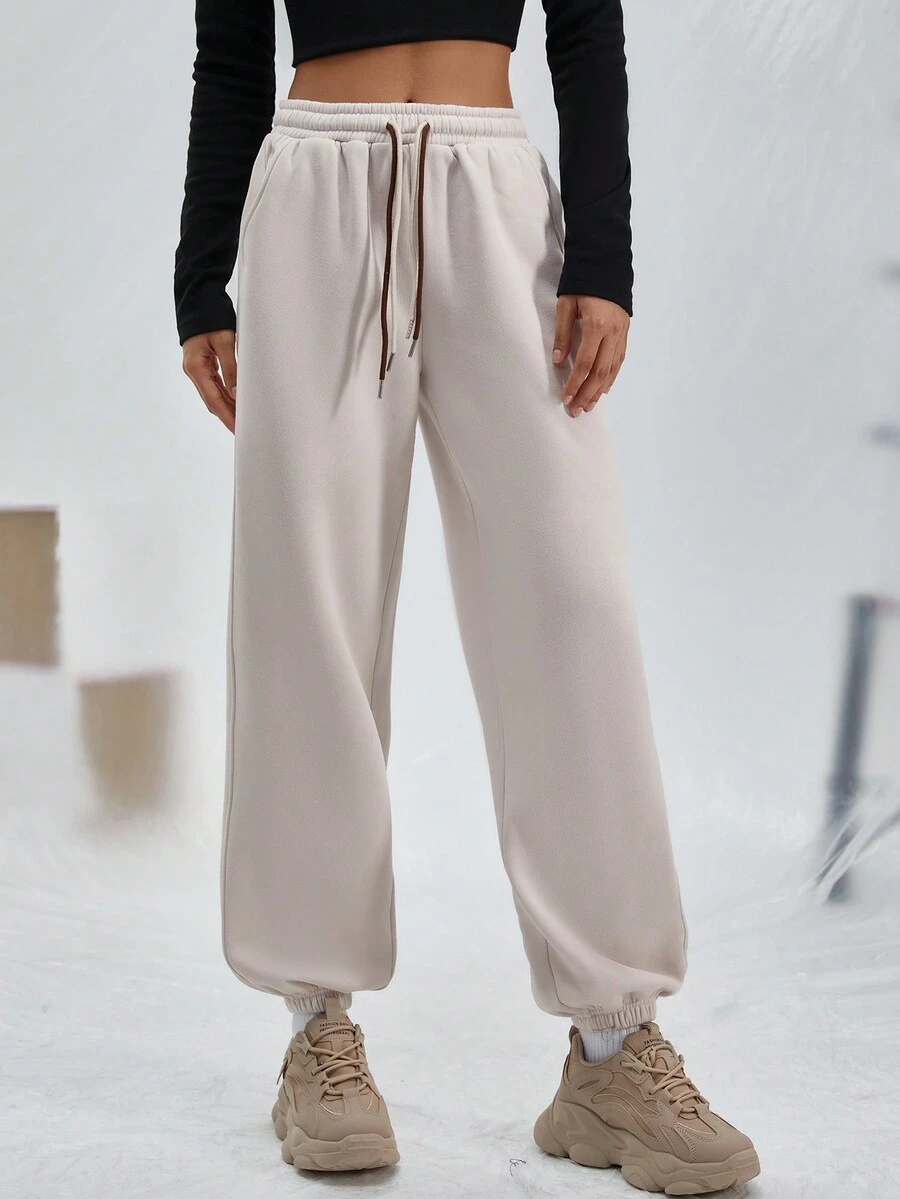 SHEIN EZwear Chất rắn Eo dây rút Túi nghiêng Quần thể thao - Màu Khaki - Xem 1