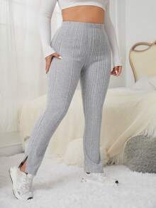 SHEIN EZwear Plus Solid Split Hem Thermal Lined Pants - Light Grey - View 4