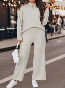 Calvaya 冬季必备的落肩开衫和针织裤 - 灰色 - 查看 3