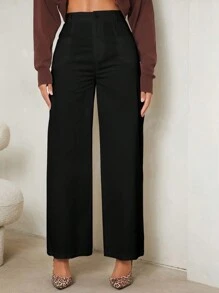 SHEIN Tall Women Daily Wear Solid Color Wide Leg Pants - Black - View 5
