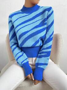 SHEIN LUNE Khối màu Cổ giả Áo len - Màu xanh lam - Xem 1