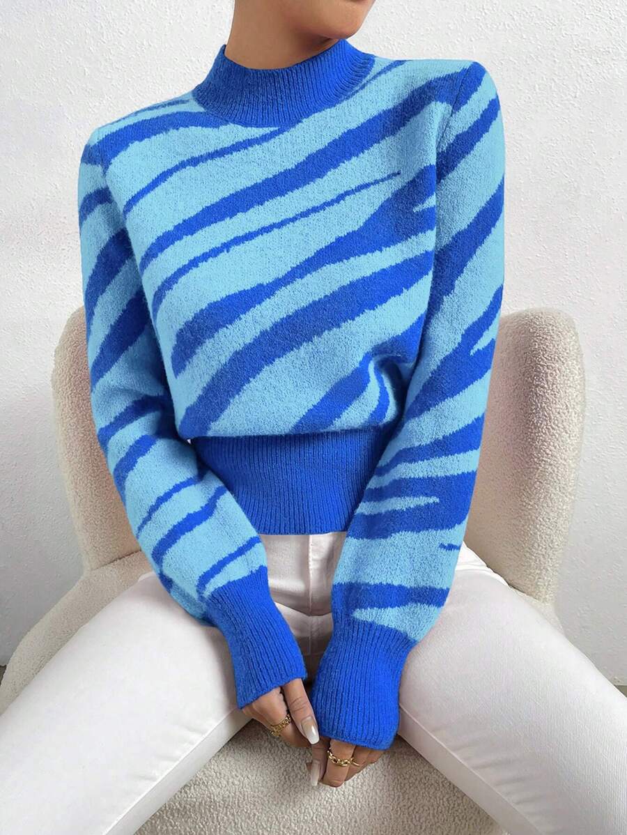 SHEIN LUNE Khối màu Cổ giả Áo len - Màu xanh lam - Xem 1