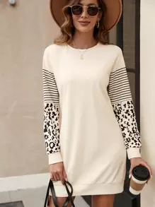 SHEIN LUNE Striped & Leopard Print Drop Shoulder Sweatshirt Dress - Apricot - View 4