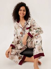 LUVLETTE 秋冬花卉图案中国水墨花卉印花缎面长款女士睡衣套装女士休闲套装内衣秋季睡衣 - 摩卡棕 - 查看 3