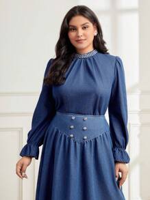 Mulvari Plus Pearls Beaded Flounce Sleeve Denim Top - Dark Wash - View 4