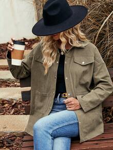 SHEIN LUNE Thả vai Túi có nắp Áo khoác vải nhung - xanh quân đội - Xem 7