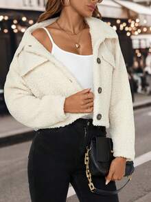 SHEIN Essnce Chi tiết về Flap Thả vai Áo Teddy Jackets - Màu be - Xem 3