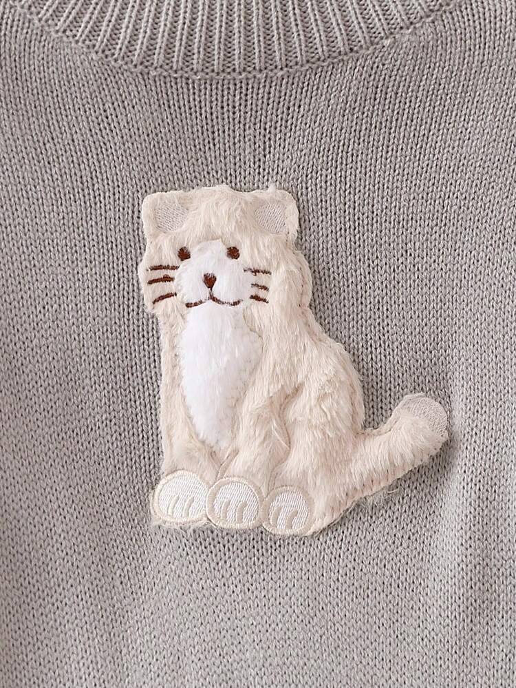 Young Girl Animal Patched Turtleneck Cable Knit Sweater Dress
