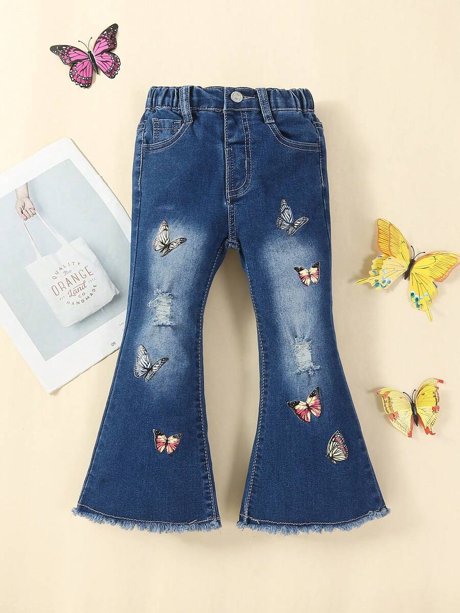 女小童蝴蝶刺繡破洞毛邊緣牛仔喇叭褲 - 深色水洗藍 - 查看 1